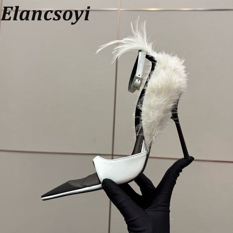 Women Shoes Size 7 - パンプス レディース フェザートリム ハイヒールシューズ - ラインストーンアンクルストラップ
