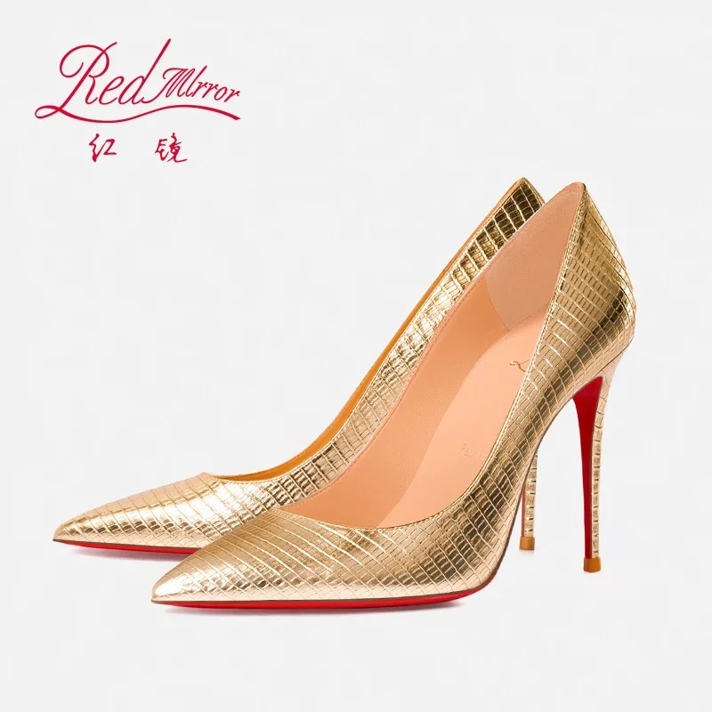 Women'S Shoes Red Bottoms - 春/夏の赤底トカゲ柄エンボスゴールド尖った浅い口スリムヒールセクシーな宴会ハイヒールシングルシューズ