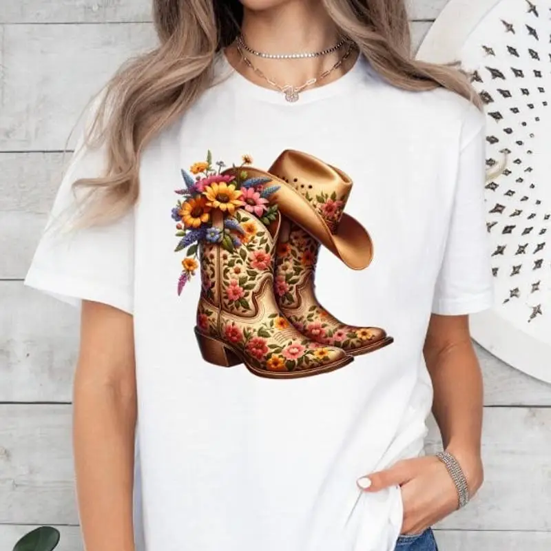 Western Cowgirl Boot - カウボーイブーツ Tシャツ 帽子付き 花柄 ウエスタンスタイル カウガール