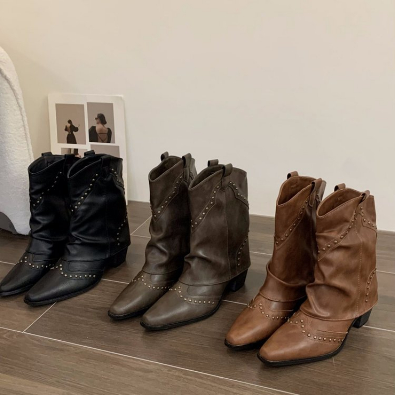 Western Cowgirl Boot - レディースリベットウエスタンカウボーイブーツ、ポインテッドトゥ、プリーツ加工、冬用ミッドカーフ丈カウガールブーツ、ヴィンテージチャンキーヒール、スリッポン、女性用ブーツ