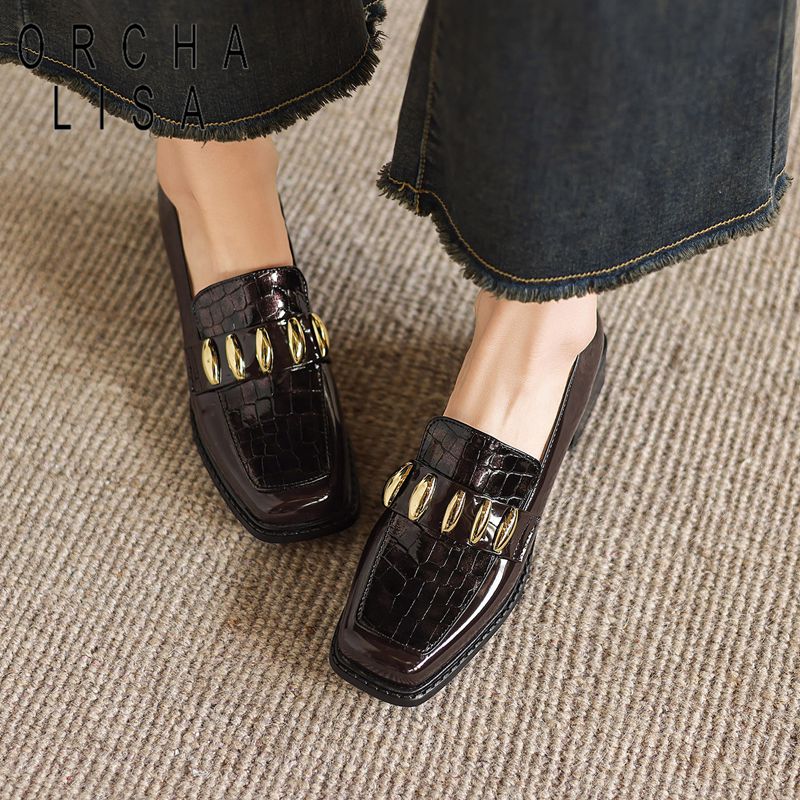 Women'S Shoes Extended Sizes - ORCHA LISA ファッション光沢のある女性フラットシューズスクエアトゥスリップローファー快適なカジュアルオフィスレディデイリーシューズ履物拡張サイズ 42