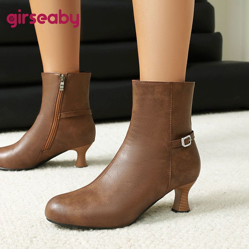 Women'S Shoes Extended Sizes - Girseaby ファッションシューズ レトロ オフィスレディ アンクルブーツ ラウンドトゥ