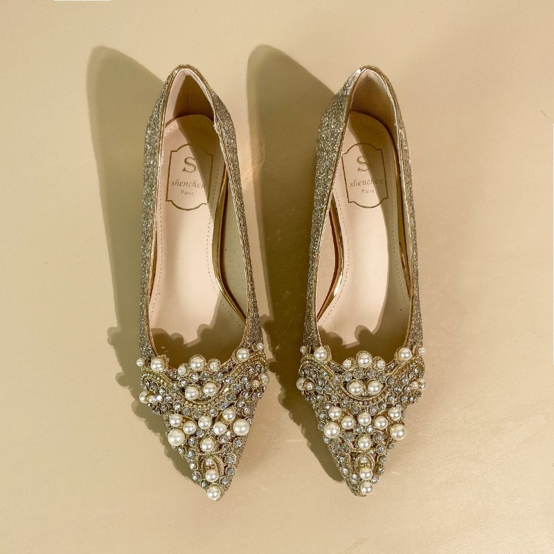 Women'S Shoes Non Slip - 高級ラインストーンブロックヒールシングルシューズファッションポインテッドトゥ浅口スリッポン滑り止めローカットシューズ