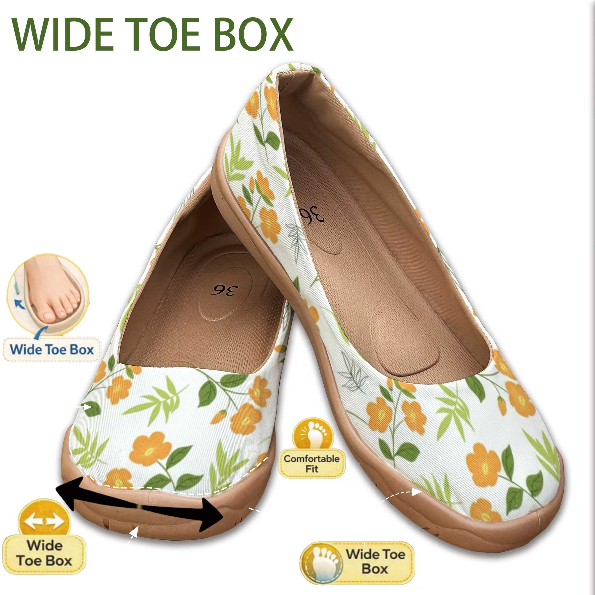 Women'S Shoes For Wide Feet - 足幅の広い方には朗報です！ 幅広ソフトソールスリッポンレディースシューズ、フレッシュフローラル浅口レイジーシューズ、足が疲れにくい大きいサイズ