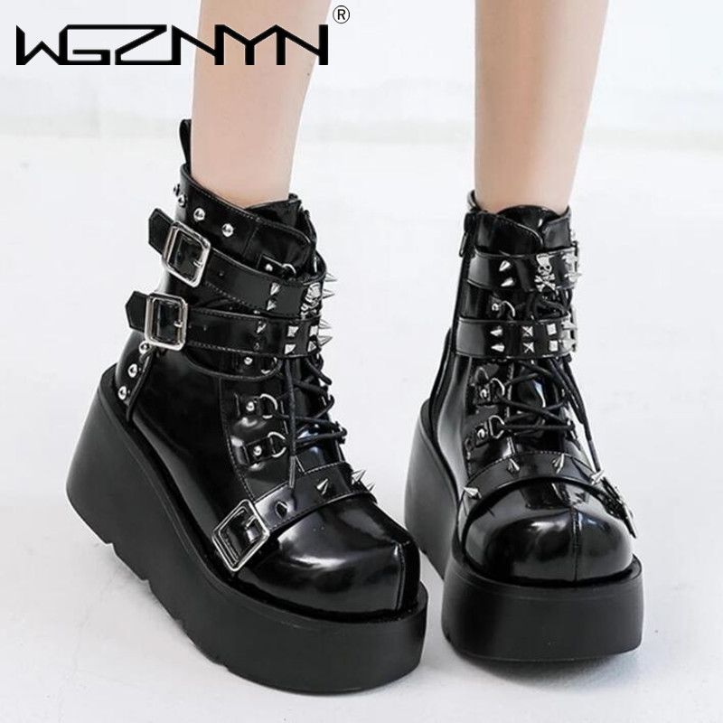 Block Heel Ankle Boots - 女性用ハイヒールブーツ,ウェッジ,金属装飾,バックル,パンク,プラットフォーム,パーティー,ゴシック,ストリート,女性用,ナイトシューズ,新品