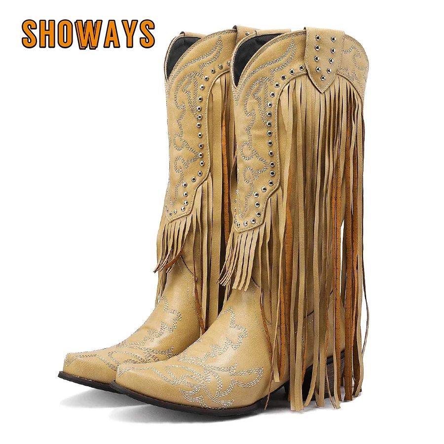 Western Cowgirl Boot - 女性用フリンジリベット付きミッドカーフブーツ、赤と黄色、刺embroideryと縫製、ハイヒール、カウガールハーフブーツ、ウエスタンパーティー、冬