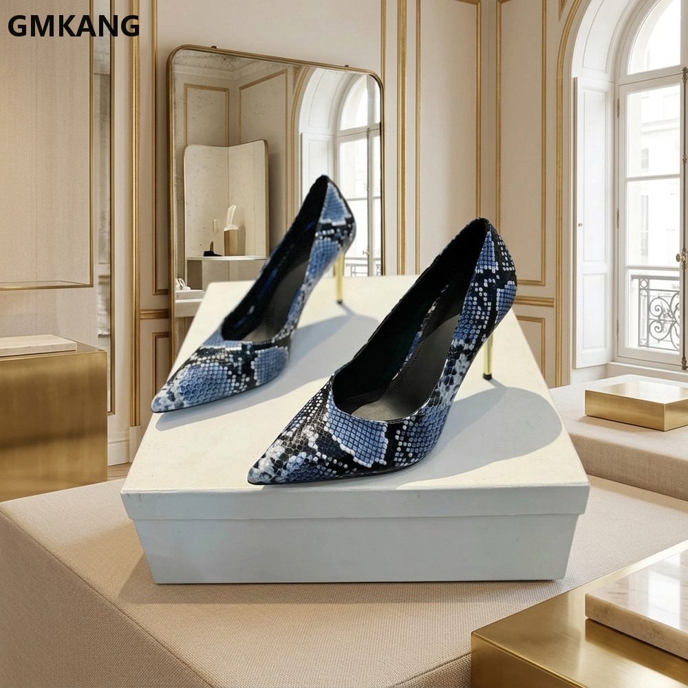 Court Heel Pointed - 女性用スネークプリントポインテッドトゥローヒールパンプス、レザーオフィスドレスシューズ、快適スリッポンカジュアルコートシューズ、仕事やパーティーに最適