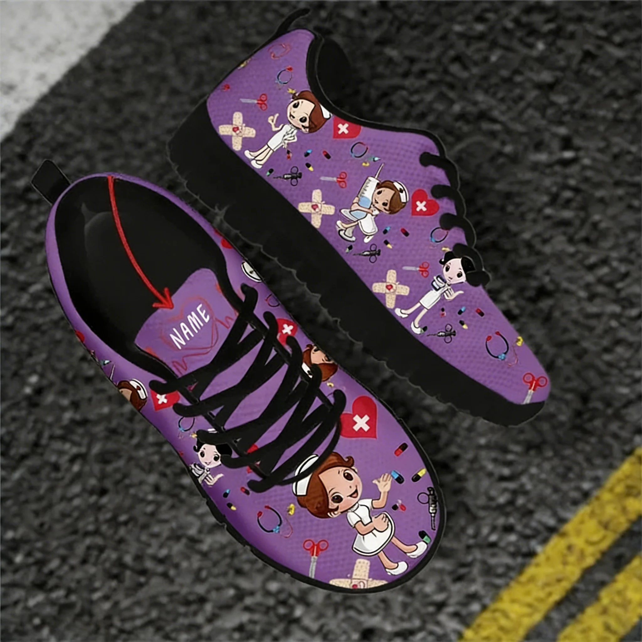 Women Shoes Name - カスタム名ナースシューズメッシュフラットスニーカー女性用かわいい漫画プレミアムスケッチ理学療法デザイン通気性靴