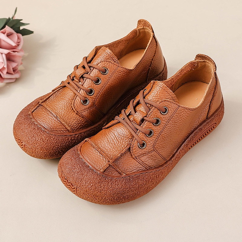 Women'S Shoes For Wide Feet - レトロな本革靴、幅広の足に合うレディース用、レースアップフラットシューズ、女性用カジュアルデイリーシューズ、手作りの柔らかいモカシン、女性用ローファー