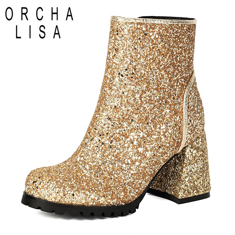 Women'S Shoes Extended Sizes - ORCHALISA デザイナースパークルレディースアンクルフットウェアラウンドトゥスタックヒール 8.5 センチメートルジッパー拡張サイズ 46 47