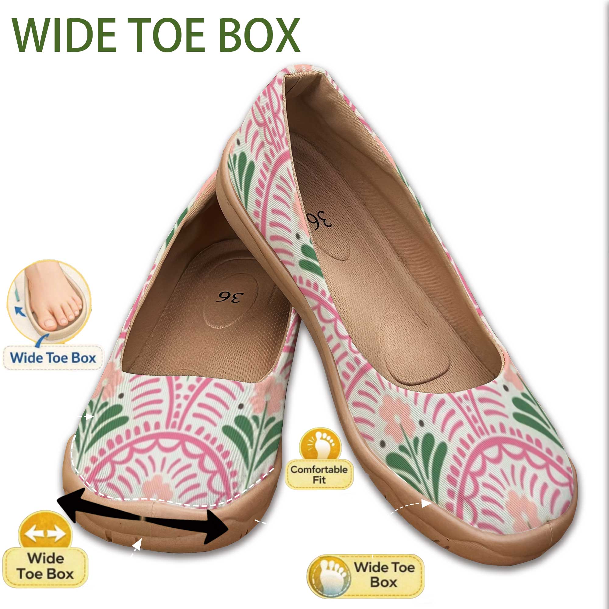 Women'S Shoes For Wide Feet - ボヘミアンスタイルのワイドフィットレディースシューズ、プリント柄のソフトソールスリッポン、足を締め付けないワイドトゥ、足幅の広い方に適しています、大きいサイズのママシューズ