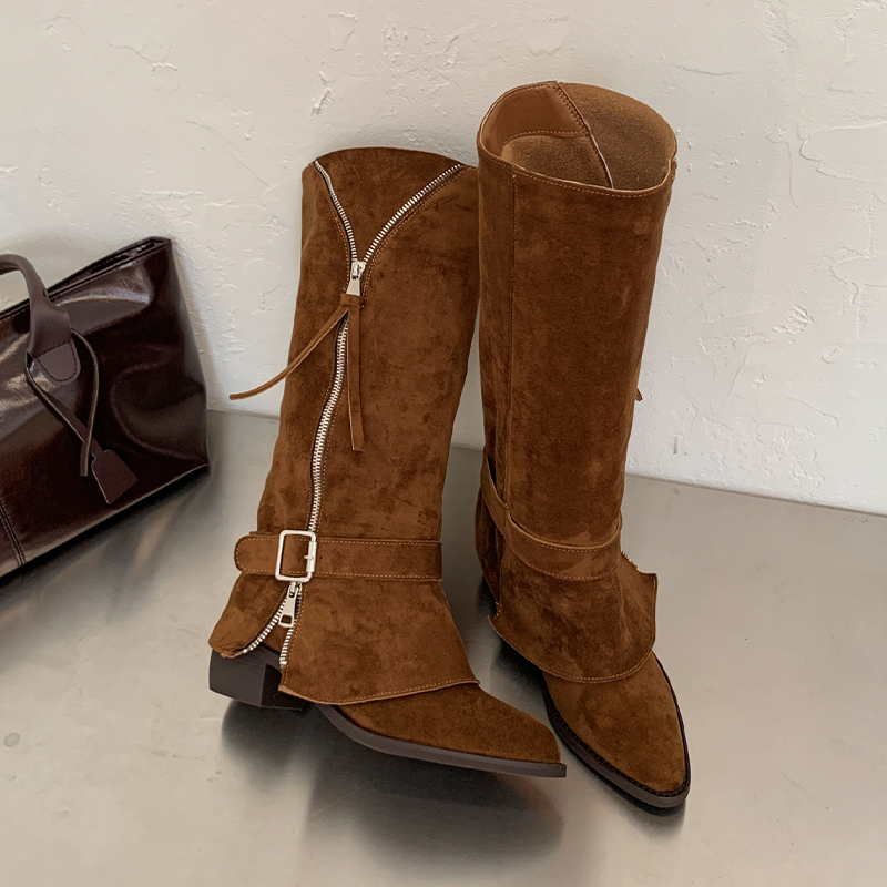 Women Shoes Size 7 - レディース ウエスタンカウボーイ ミドル丈ブーツ ポインテッドトゥ ブロックヒール スエードレザーブーツ