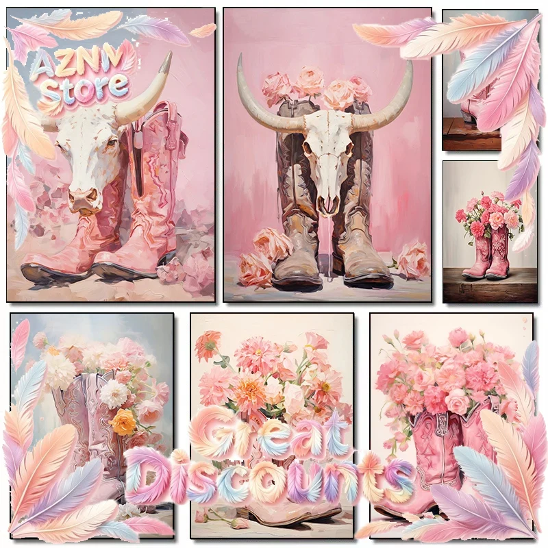 Western Cowgirl Boot - ピンクの花柄カウガールブーツ、牛の頭蓋骨、西部劇のポスターとプリント、キャンバス印刷のウォールアート、リビングルームの装飾用絵画