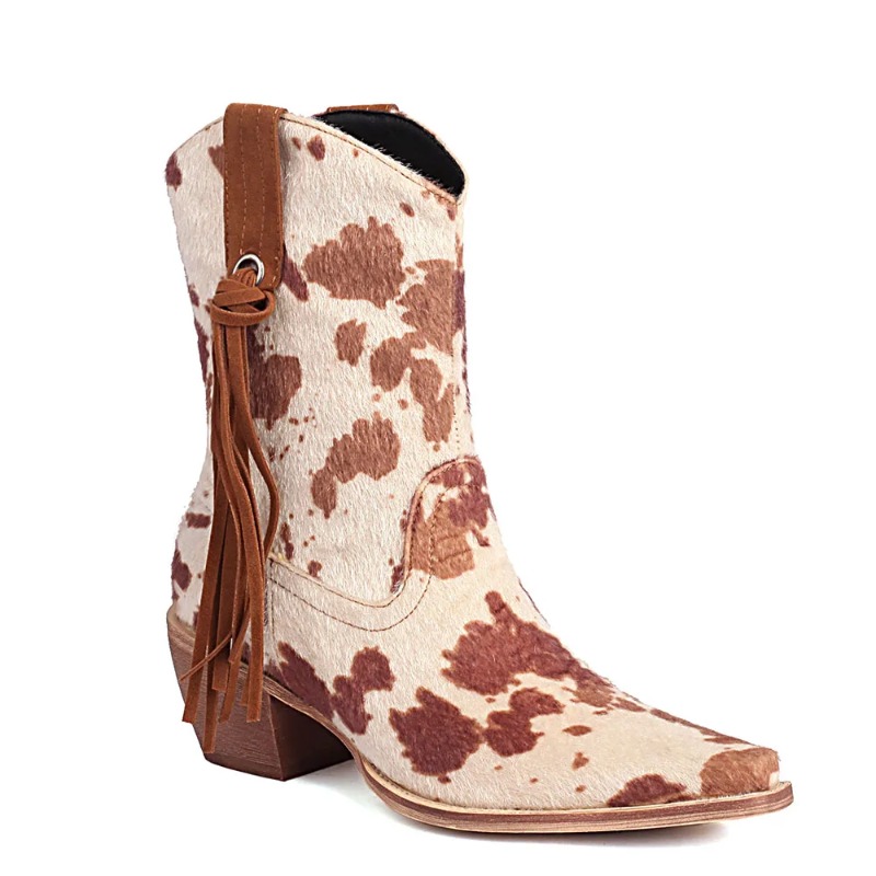 Western Cowgirl Boot - 新しいヴィンテージポインテッドトゥ馬毛カウボーイブーツ女性レトロヒョウブロックヒールスリッポンシューズビッグサイズ43