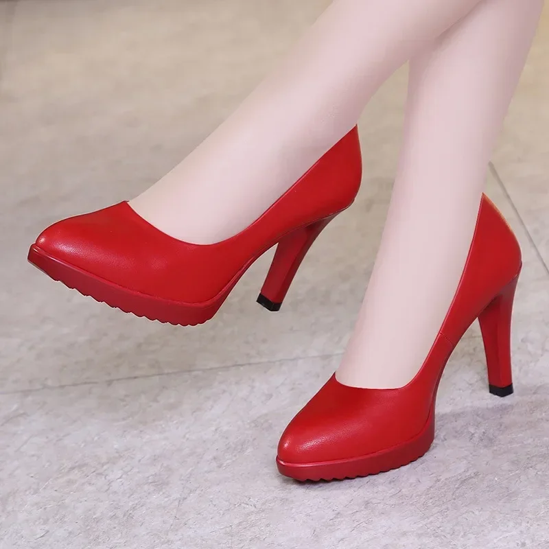Court Heel Pointed - 8 センチメートル小型サイズ 32-43 新しい浅いソフトレザーの結婚式の靴プラットフォームパンプス 2025 春ブロックハイヒールの靴ドレスコートモデル
