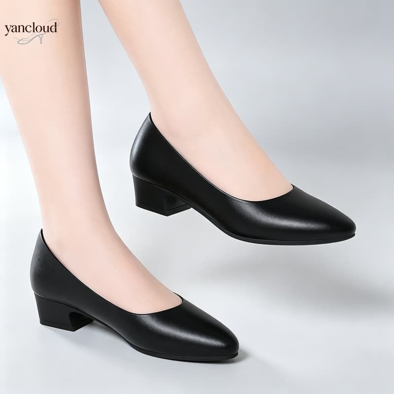 Court Heel Pointed - オールマッチエレガントなレディースソフトレザーシューズ ブラックパンプス 春秋 2026 ブロックヒールシューズ ドレス