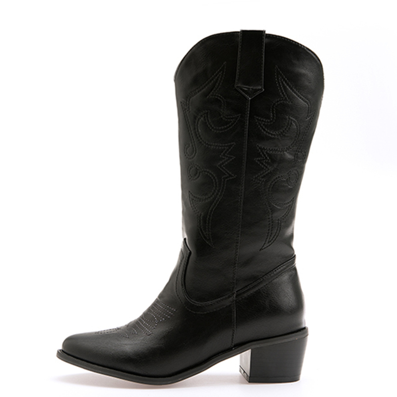 Western Cowgirl Boot - 女性のためのクラシックなミッドカーフブーツ,刺繍されたウエスタンカウボーイブーツ,合成皮革,ローヒール,ラージサイズ
