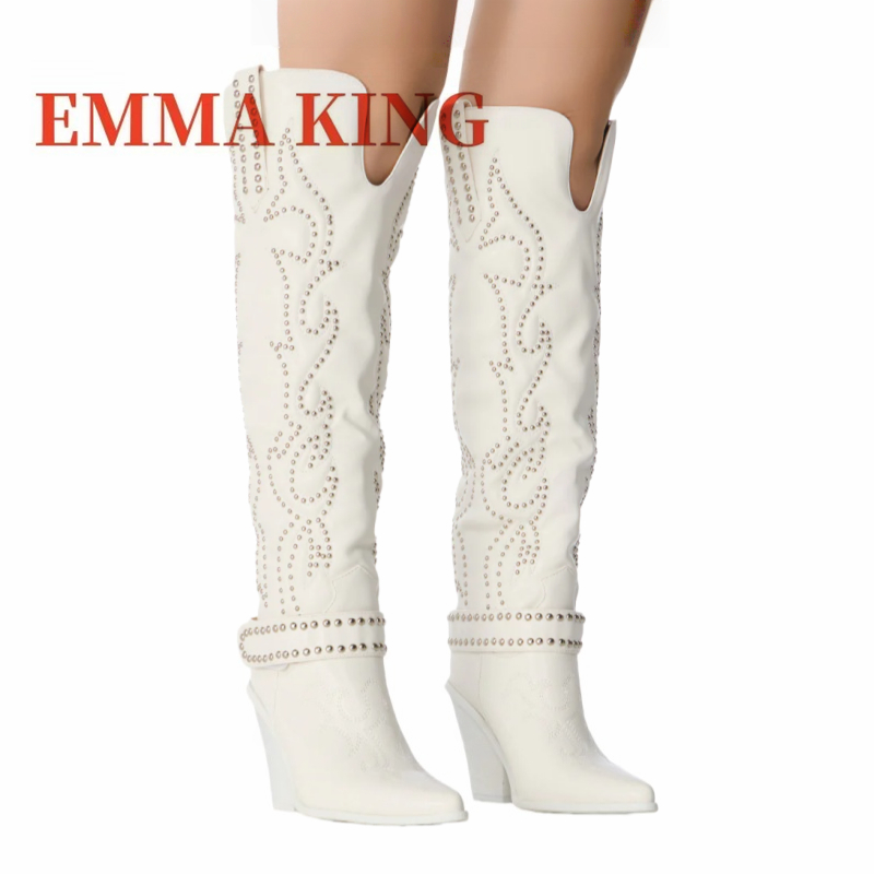 Western Cowgirl Boot - リベット装飾ニーハイブーツ レディース ポインテッドトゥ ウエスタンカウボーイブーツ チャンキーローヒール カウガールブーツ