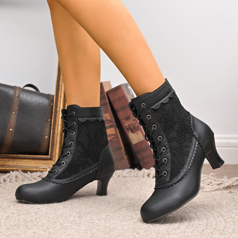 Court Heel Pointed - 女性用クローズドトゥミドルヒールレースアップサテンレースウェディングブライダルブーツプラスサイズロリータビクトリア朝コートレトロシューズドロップシッピング