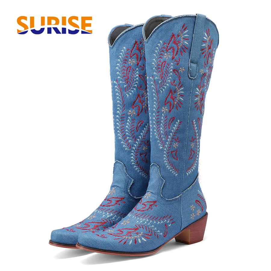 Western Cowgirl Boot - ブルーデニムウエスタンカウガールニーハイブーツ女性刺繍フラワーカウボーイスクエアヒールラウンドトゥブラックジーンズスリッポンロングブーツ