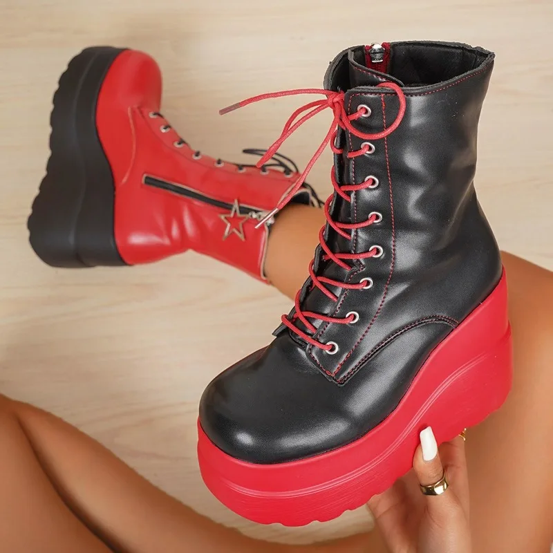 Women'S Shoes Red Bottoms - パンクゴシックバイクブーツプラットフォームチャンキーハイヒールアンクルシューズレディースウェッジボトムブラックレッド女性用アウトドアシューズ