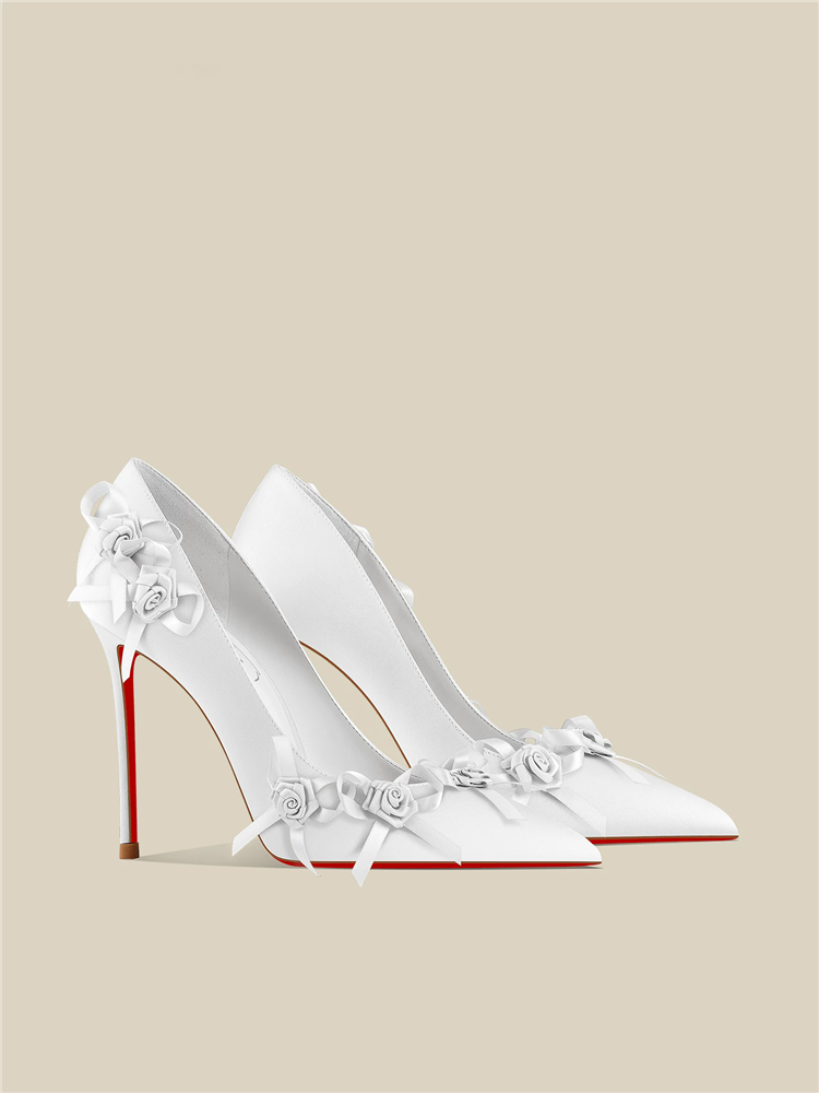 春の新作、ポインテッドトゥの浅口ホワイトサテンフラワーレッド - Women'S Shoes Red Bottoms のレビューと価格