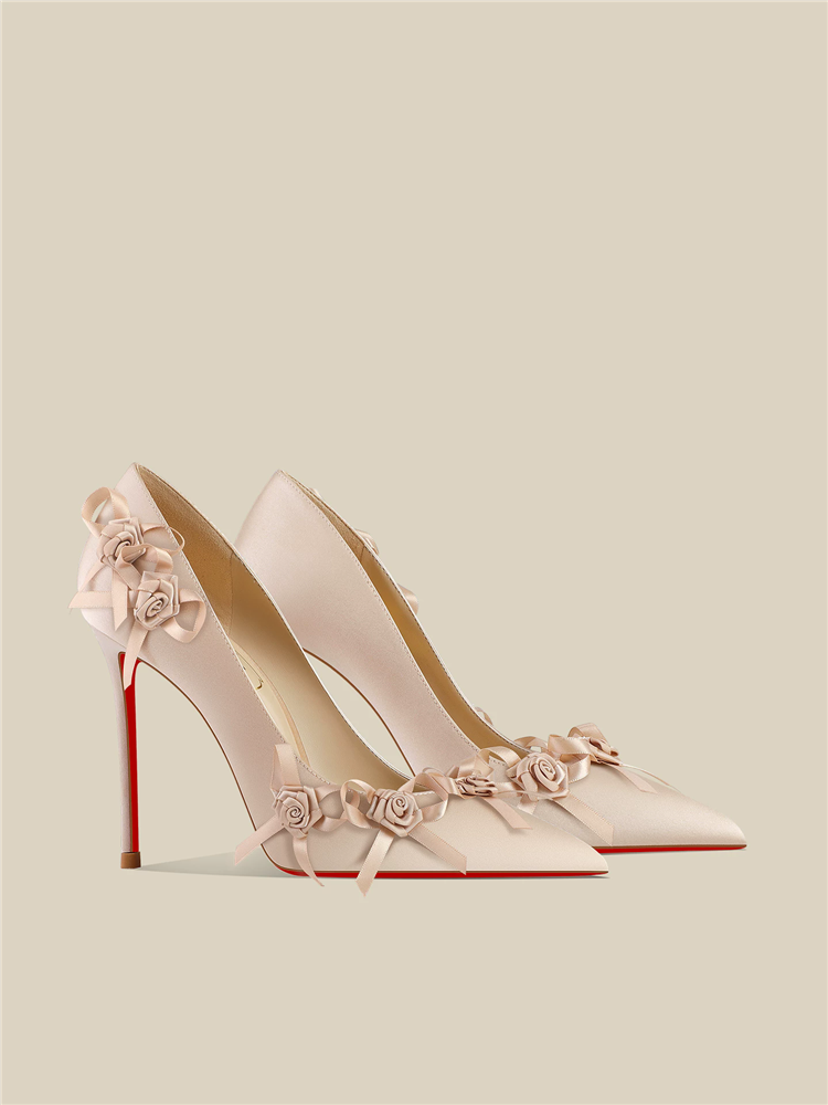 春の新作、ポインテッドトゥの浅口ホワイトサテンフラワーレッド - Women'S Shoes Red Bottoms のレビューと価格