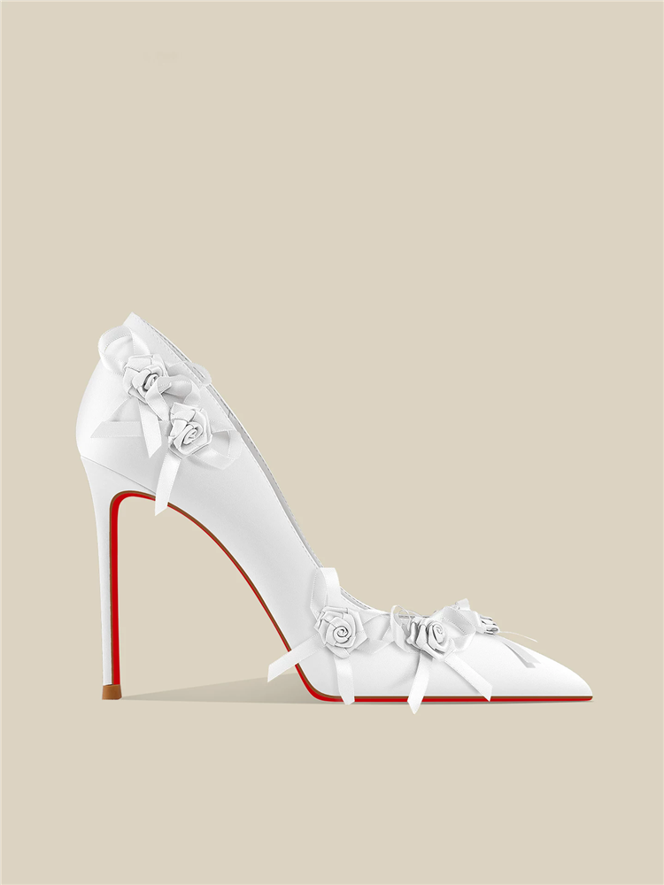 春の新作、ポインテッドトゥの浅口ホワイトサテンフラワーレッド - Women'S Shoes Red Bottoms のレビューと価格