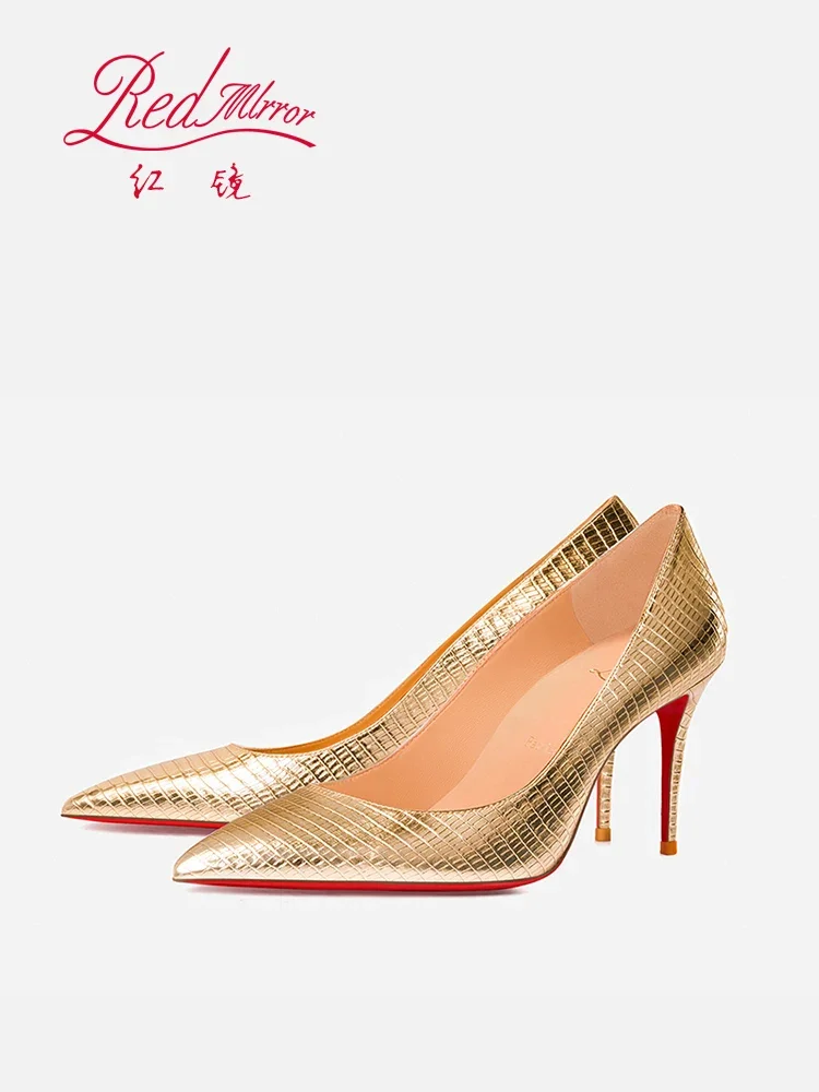 春/夏の赤底トカゲ柄エンボスゴールド尖った浅い口スリムヒール - Women'S Shoes Red Bottoms のレビューと価格