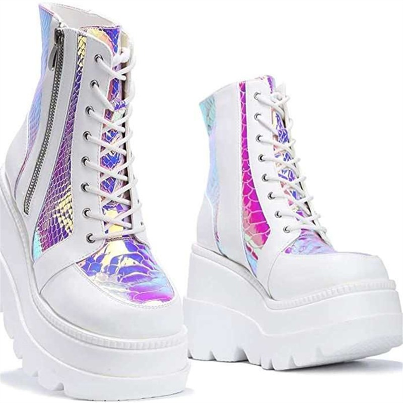 女性のピンクのホログラフィックプラットフォームアンクルブーツ - Block Heel Ankle Boots のレビューと価格