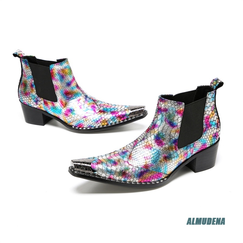 マルチカラーメタリックスネークプリントポインテッドトゥブロッ - Block Heel Ankle Boots のレビューと価格
