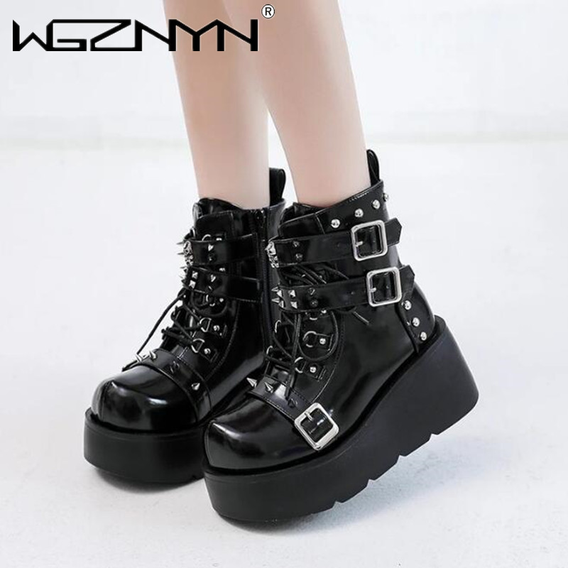 女性用ハイヒールブーツ,ウェッジ,金属装飾,バックル,パンク - Block Heel Ankle Boots のレビューと価格