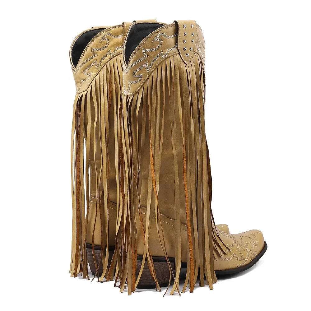 女性用フリンジリベット付きミッドカーフブーツ、赤と黄色、刺e - Western Cowgirl Boot のレビューと価格