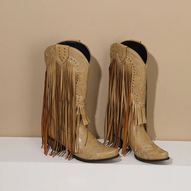 女性用フリンジリベット付きミッドカーフブーツ、赤と黄色、刺e - Western Cowgirl Boot のレビューと価格