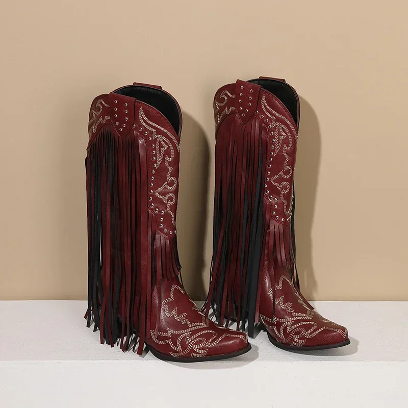 女性用フリンジリベット付きミッドカーフブーツ、赤と黄色、刺e - Western Cowgirl Boot のレビューと価格