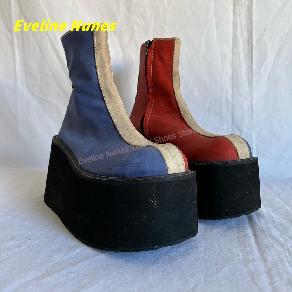 Y2K レッドブループラットフォームアンクルブーツラウンドト - Block Heel Ankle Boots のレビューと価格