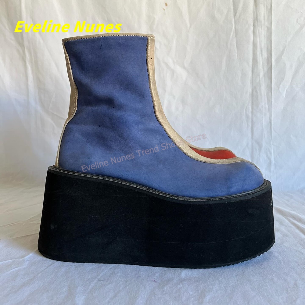 Y2K レッドブループラットフォームアンクルブーツラウンドト - Block Heel Ankle Boots のレビューと価格