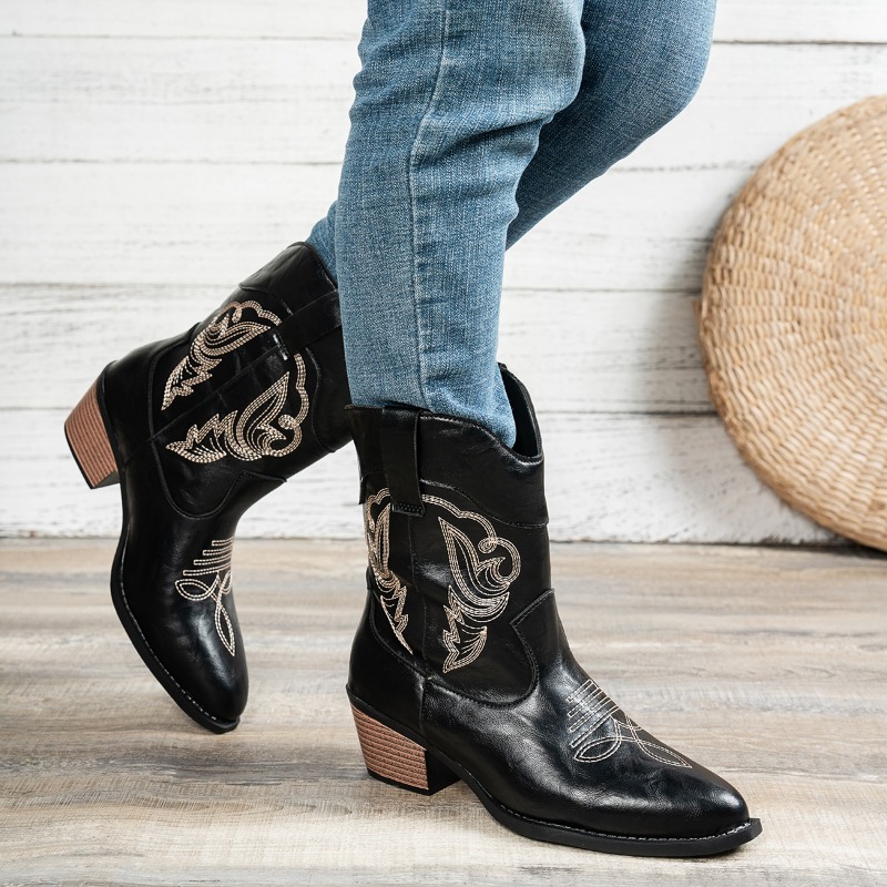 女性用ウエスタンカウボーイブーツ、刺繍入りポインテッドトゥ、 - Western Cowgirl Boot のレビューと価格