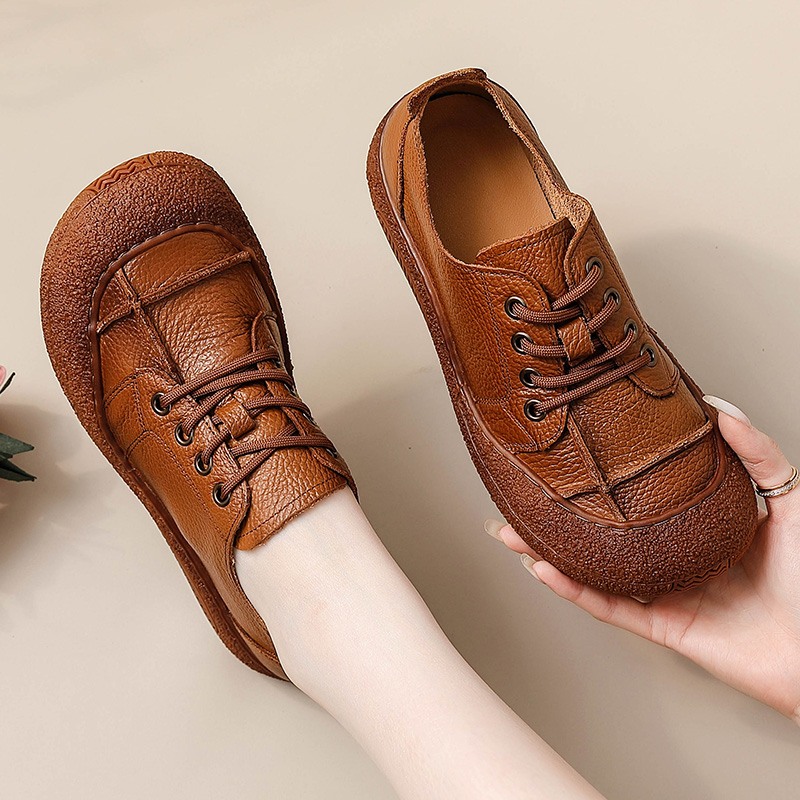 レトロな本革靴、幅広の足に合うレディース用、レースアップフラ - Women'S Shoes For Wide Feet のレビューと価格