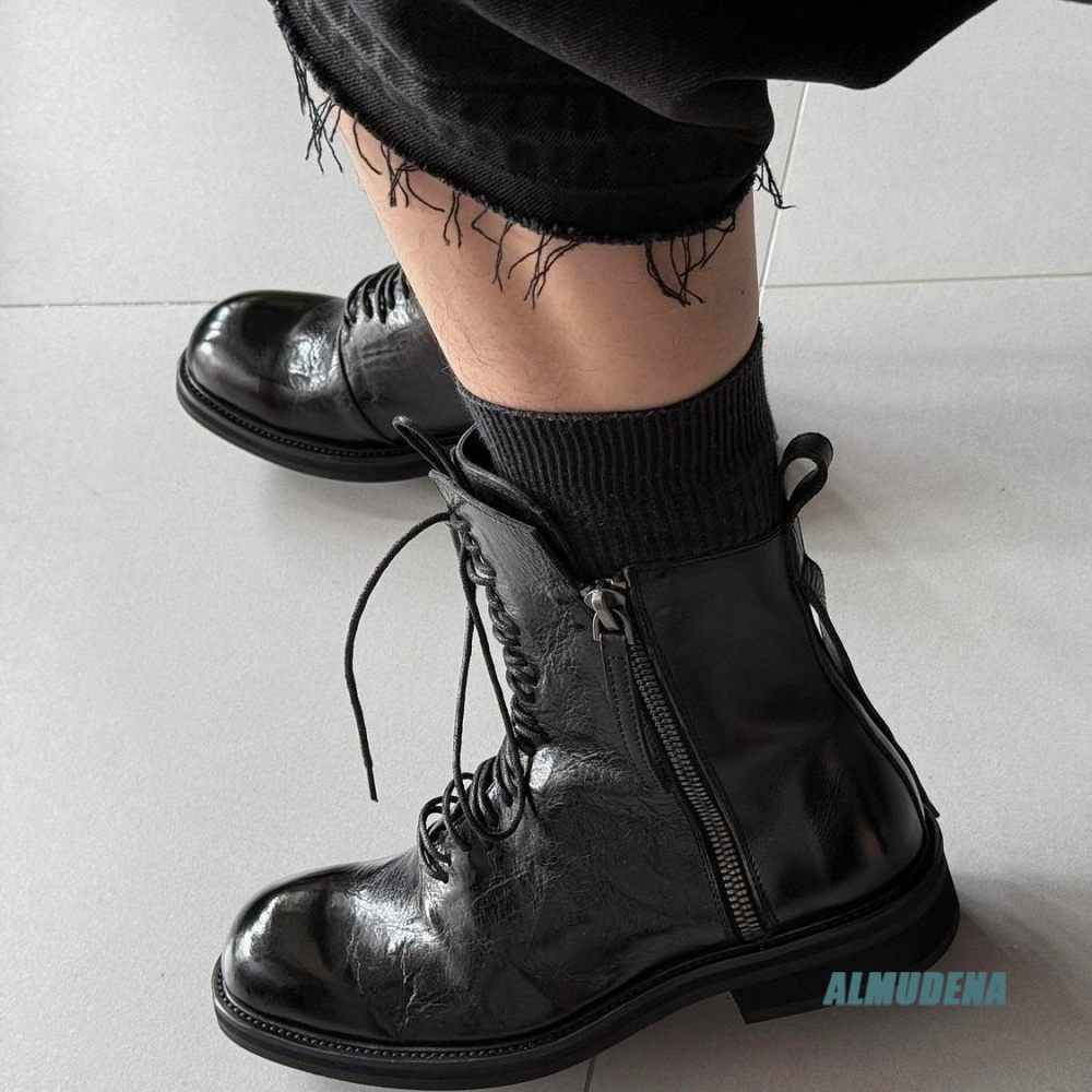 ソリッドブラックストリートスタイルメンズハイカットアンクルブ - Block Heel Ankle Boots のレビューと価格