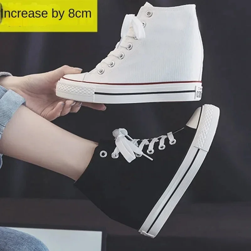 女性用ハイ8cmプラットフォームキャンバスシューズ、隠しヒー - Block Heel Ankle Boots のレビューと価格