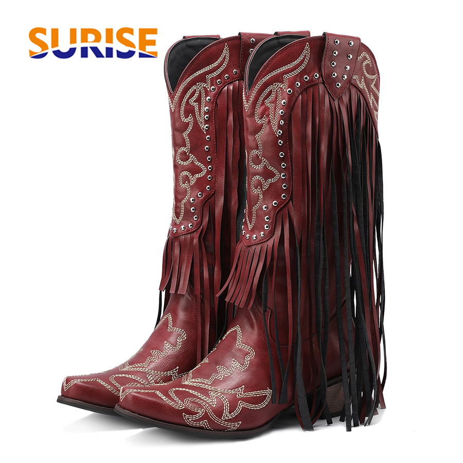女性のためのミッドカーフブーツ、刺繍フリンジ、ハイブロックヒ - Western Cowgirl Boot のレビューと価格