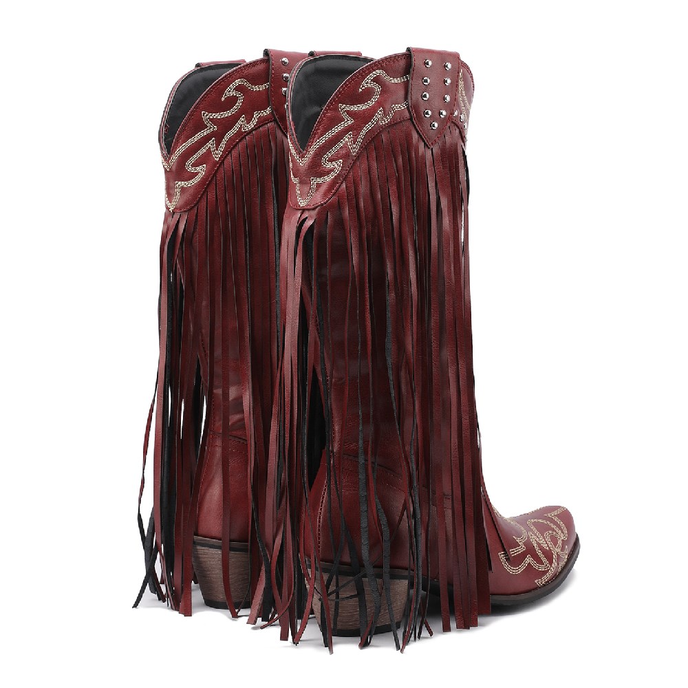 女性のためのミッドカーフブーツ、刺繍フリンジ、ハイブロックヒ - Western Cowgirl Boot のレビューと価格