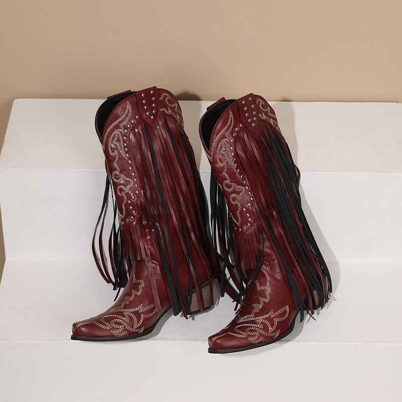 女性のためのミッドカーフブーツ、刺繍フリンジ、ハイブロックヒ - Western Cowgirl Boot のレビューと価格