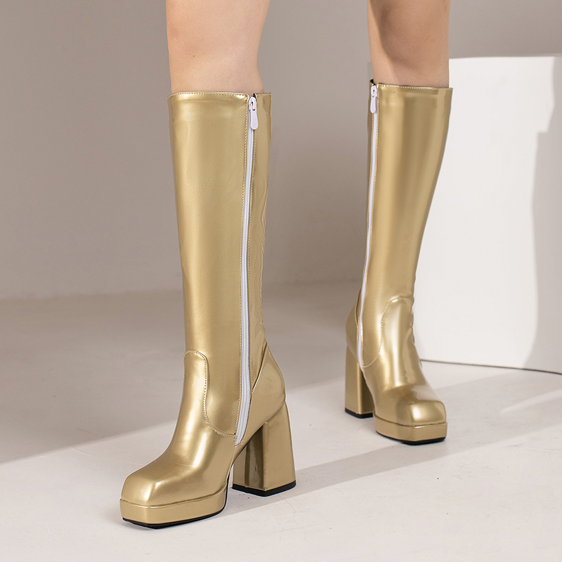 女性用パテントレザーニーハイブーツ,ヒールブロック,スクエア - Block Heel Ankle Boots のレビューと価格
