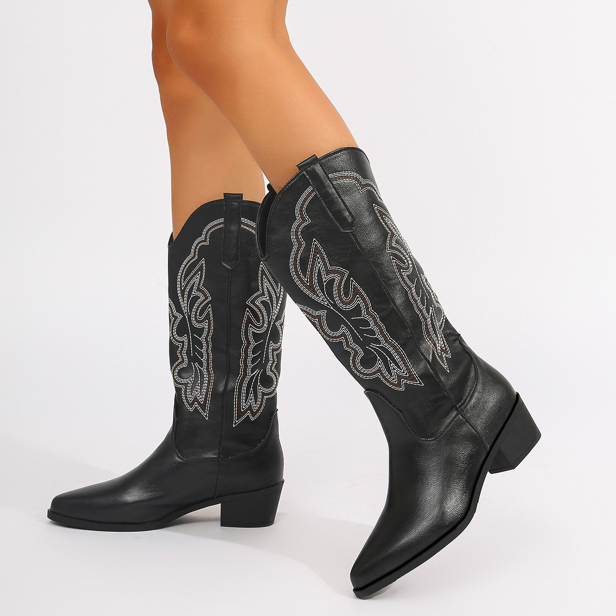 プラスサイズ43 ブロックヒール ミッドカーフ レディース  - Western Cowgirl Boot のレビューと価格