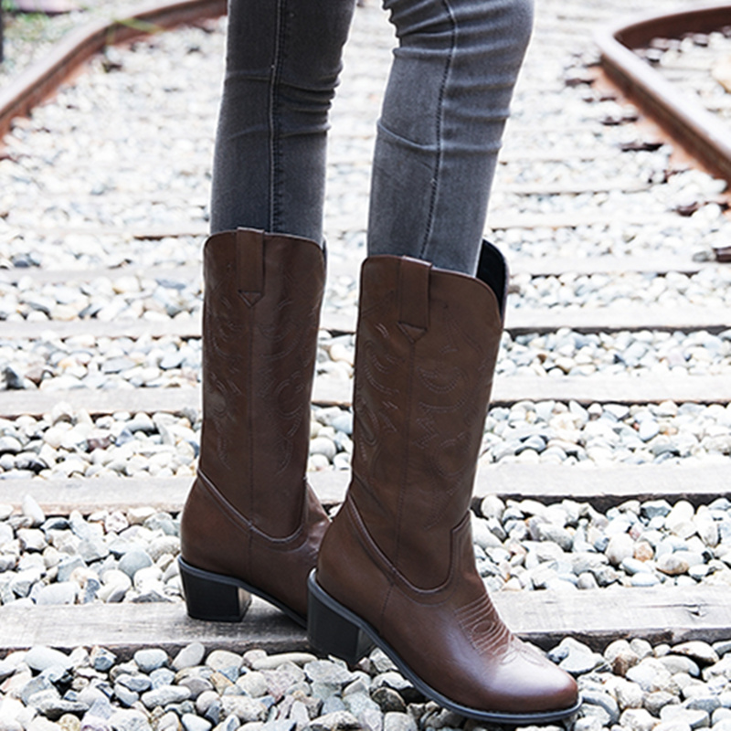 女性のためのクラシックなミッドカーフブーツ,刺繍されたウエス - Western Cowgirl Boot のレビューと価格