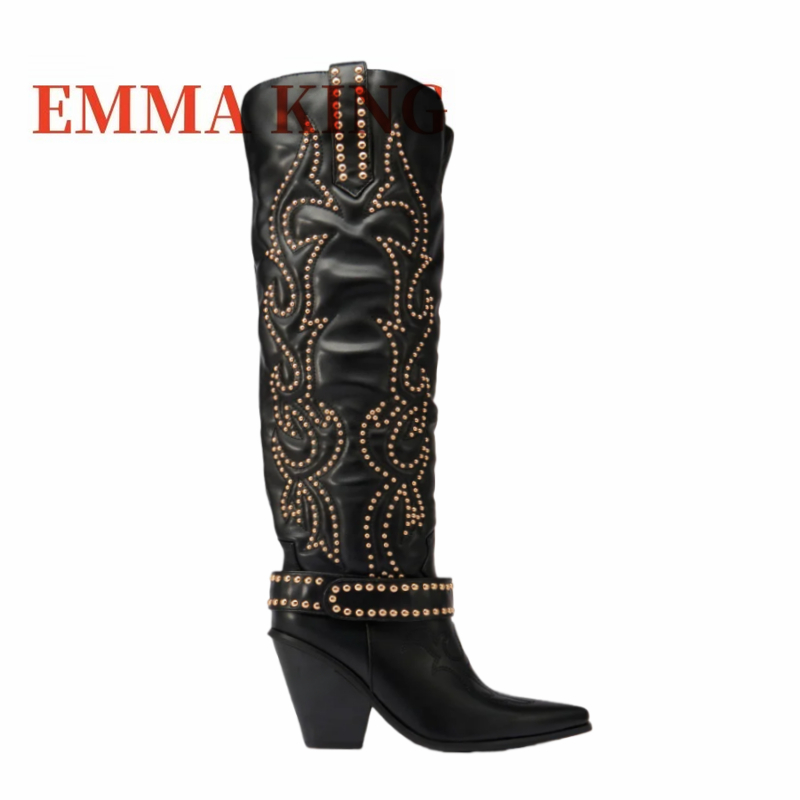 リベット装飾ニーハイブーツ レディース ポインテッドトゥ ウ - Western Cowgirl Boot のレビューと価格