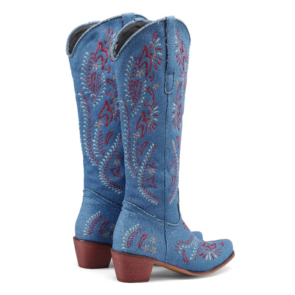 ブルーデニムウエスタンカウガールニーハイブーツ女性刺繍フラワ - Western Cowgirl Boot のレビューと価格