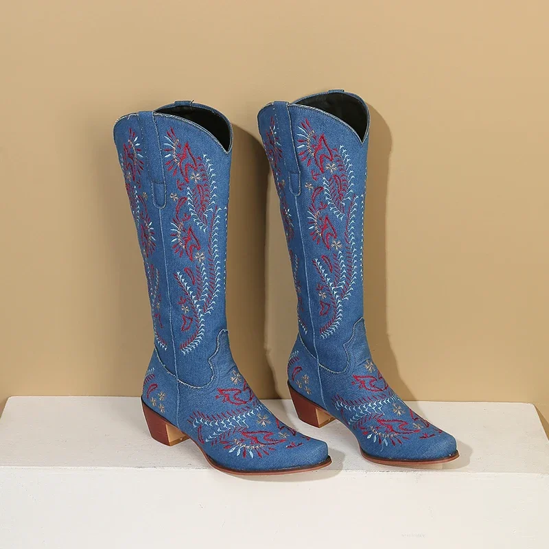 ブルーデニムウエスタンカウガールニーハイブーツ女性刺繍フラワ - Western Cowgirl Boot のレビューと価格